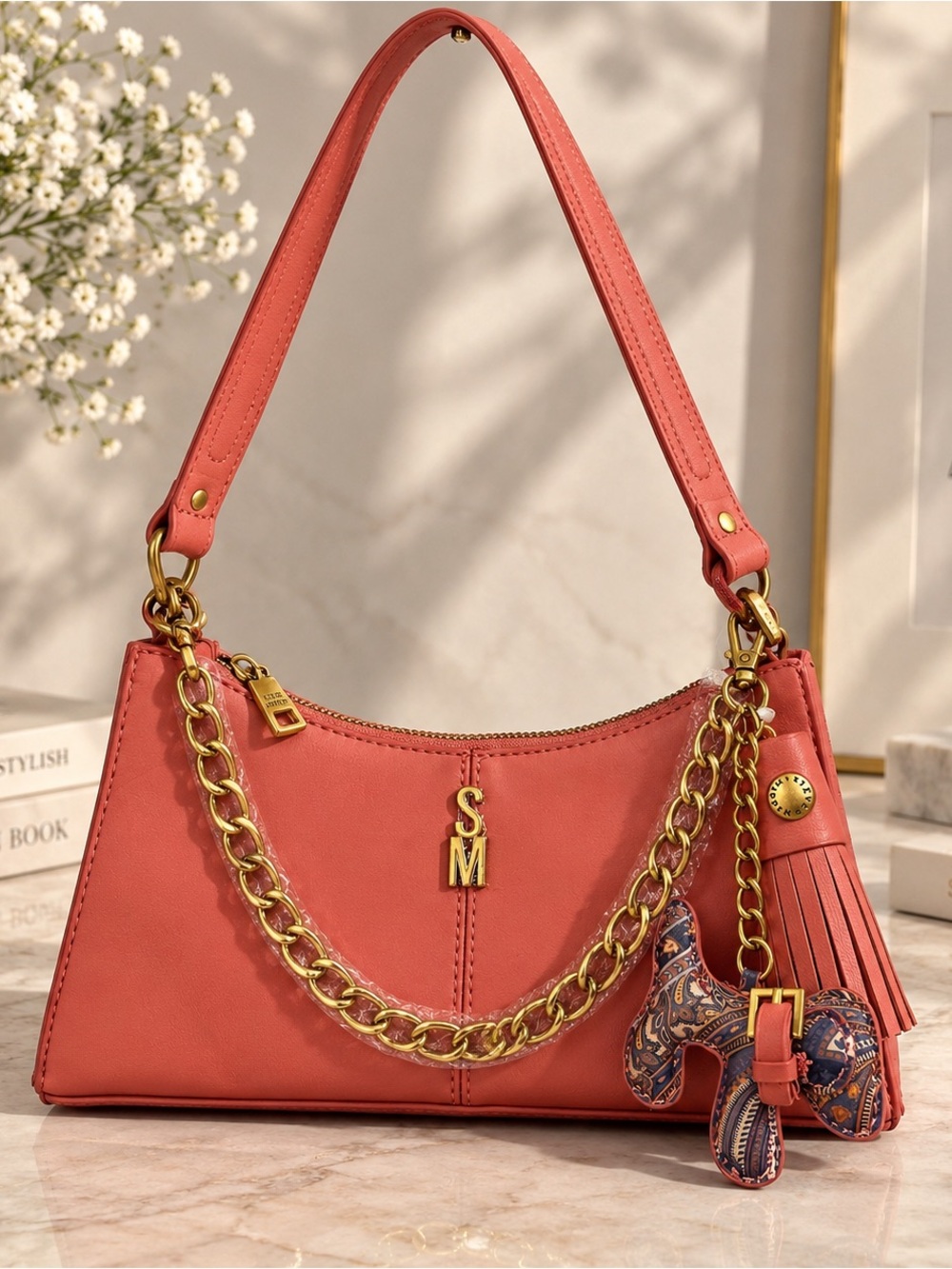 Steve Madden Coral-Pink Shoulder Bag with Gold Chain
